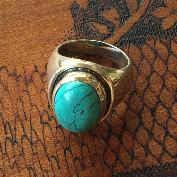 Sterling Silver Ring Size 7.75 11g 925 Turquoise Color Howlite Cabochon Chunky - Picture 4 of 13